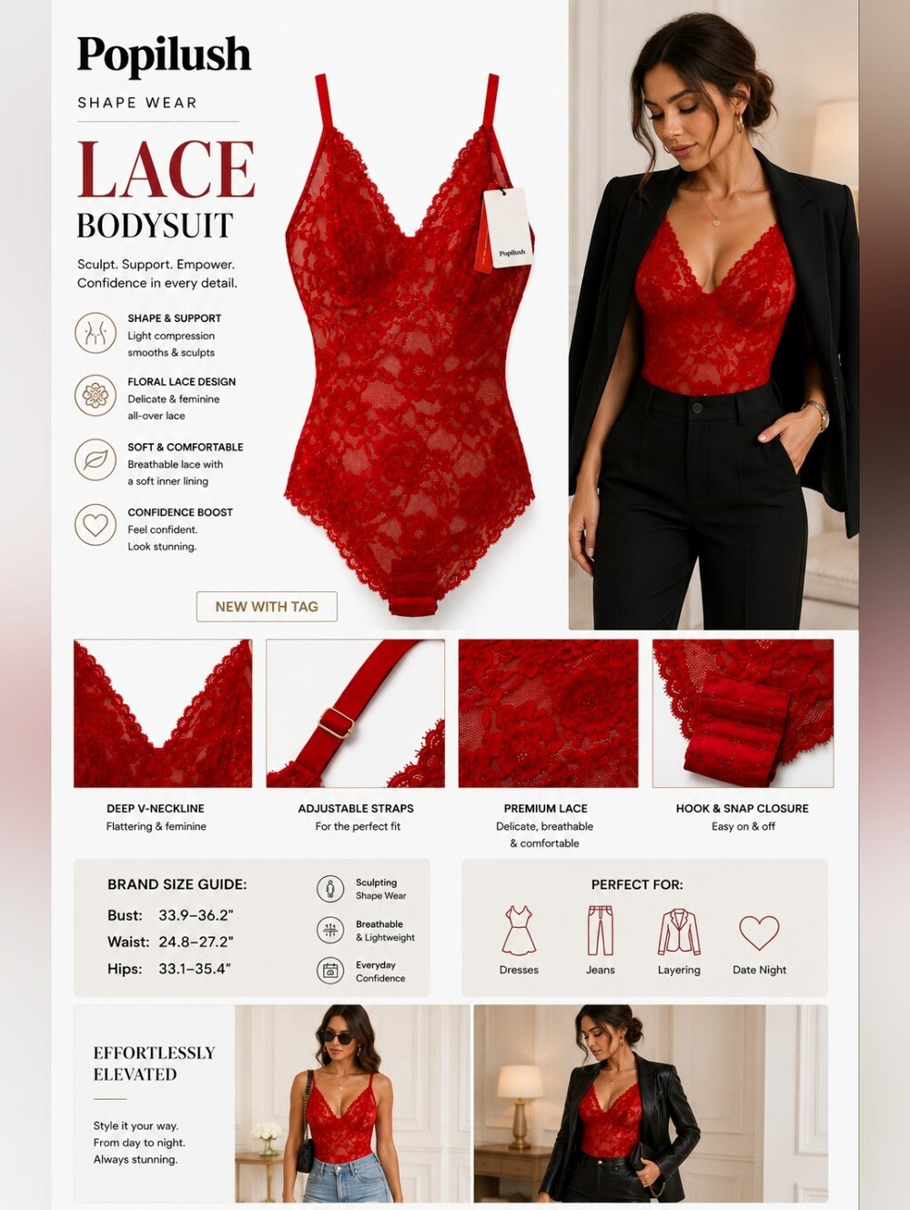 Popilush Red Lace Firm Control Shapewear Bodysuit Size S NWT